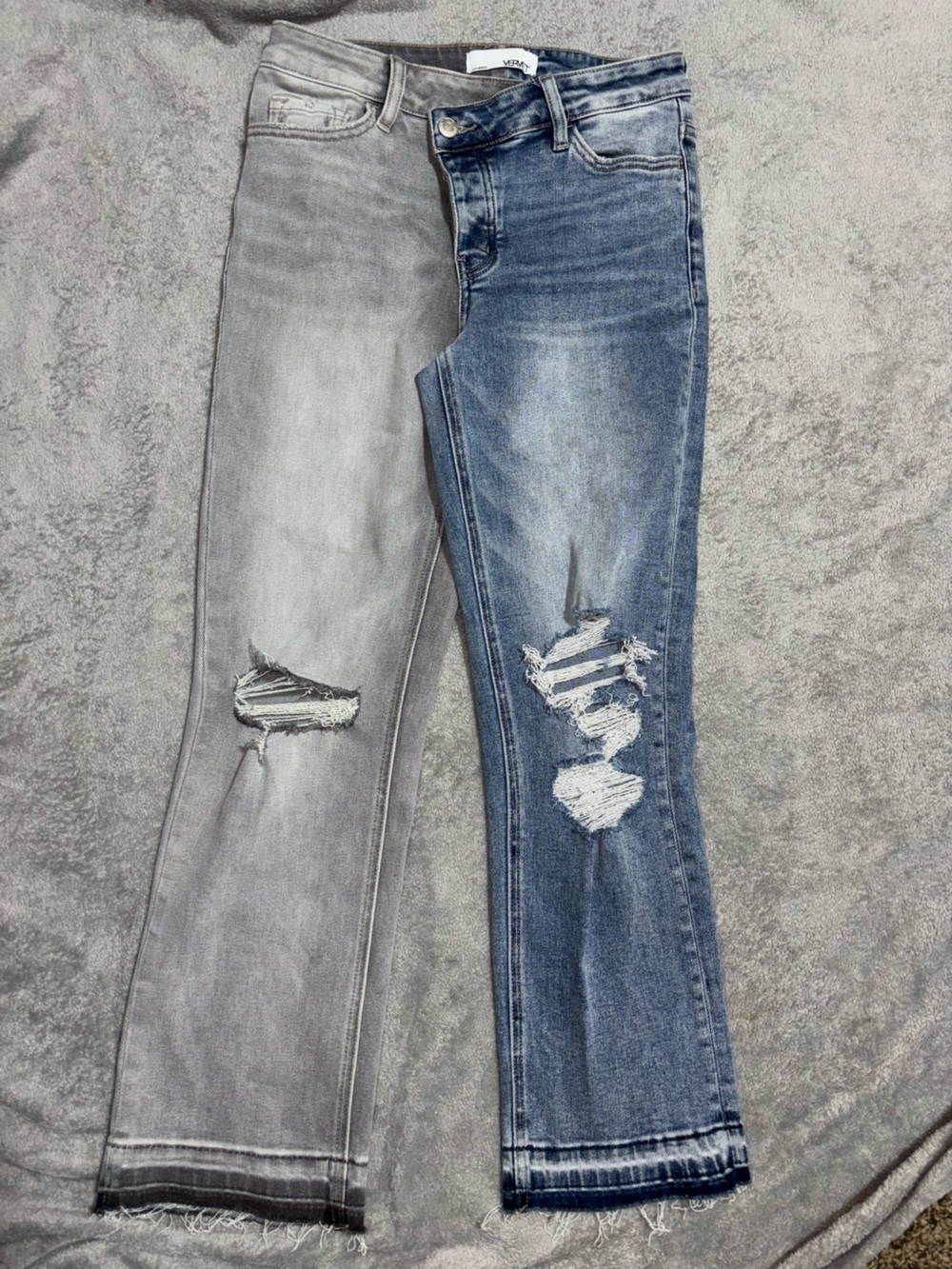 Velvet Two-Tone Distressed Jeans in Light Gray and Medium Blue